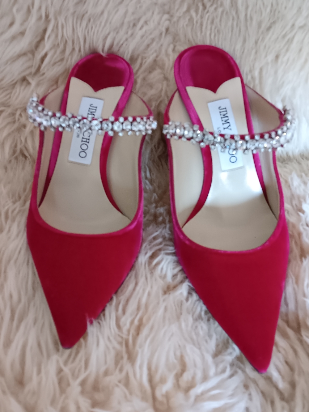 Jimmy Choo Fuchsia Pointed-Toe Mules with Crystal Strap